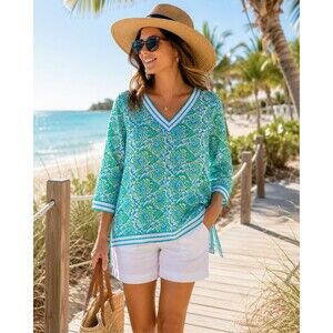 Gretchen Scott Organic Cotton 3/4 Sleeve Tunic Lightweight Blue Green Size M